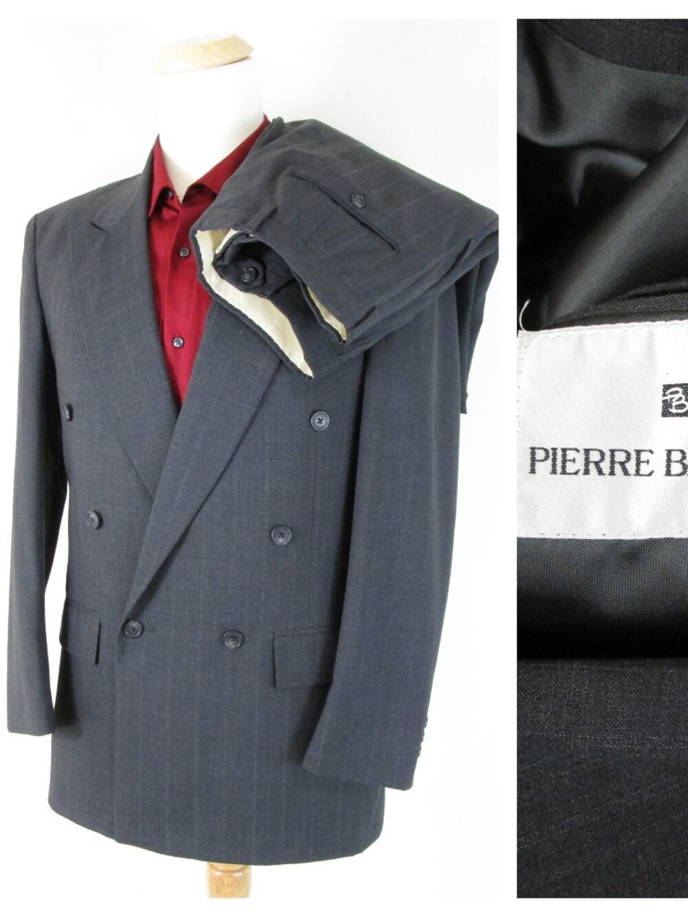 Vintage Pierre Balmain Gray Pinstripe Double Breast Wool Suit 40R Pants 30 X 30